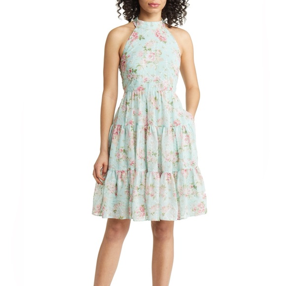 NWT Eliza J Floral Fit And Flare Chiffon Tiered Eyelet Dress Mint Green Size 16 - Picture 1 of 10